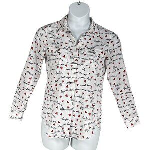 Karl Lagerfeld Paris XS White Blouse Red Heart Script Button Up Roll Tab Sleeve